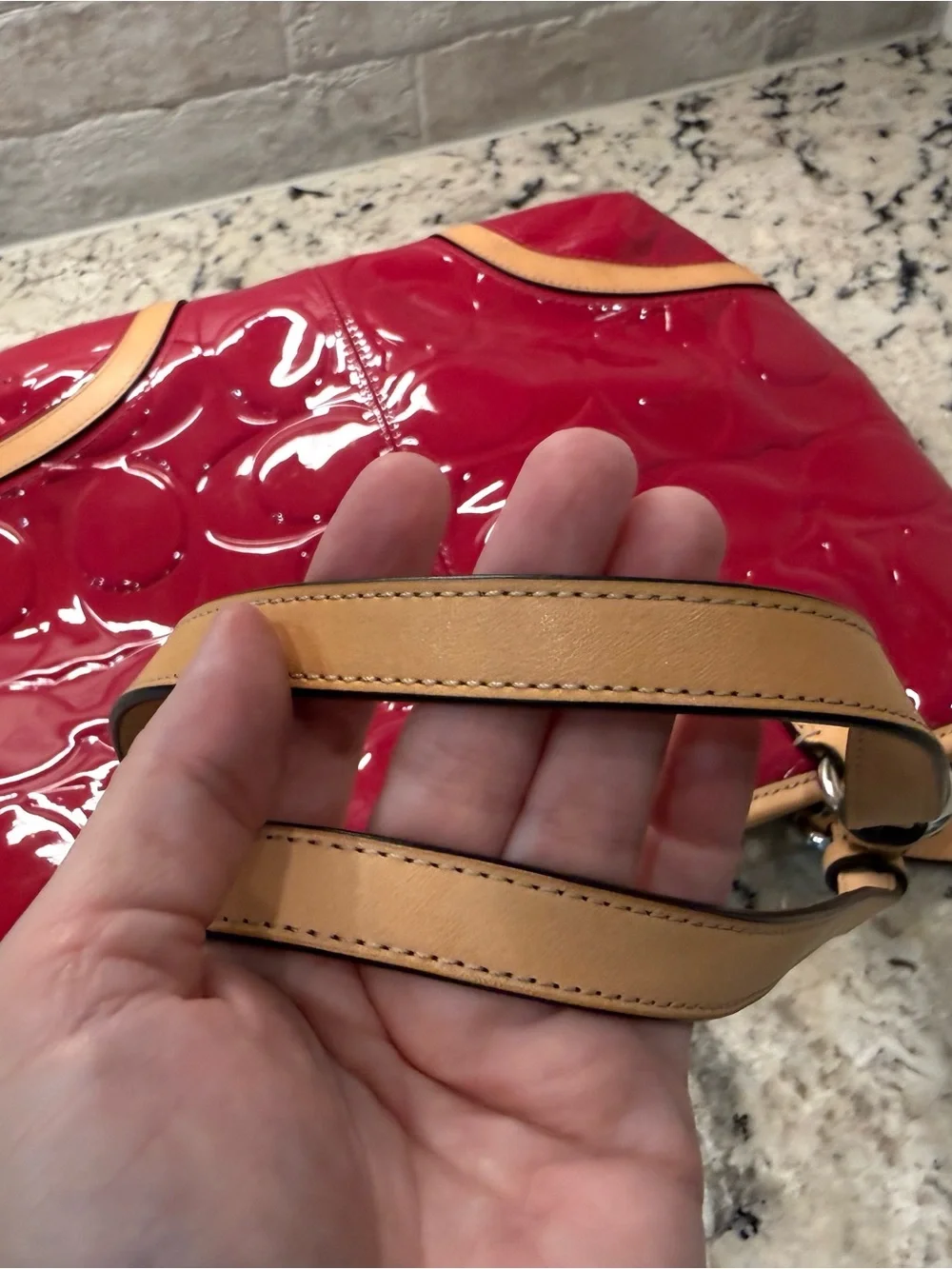Coach EUC Raspberry Patent Leather Tote with Tan Leather Trim